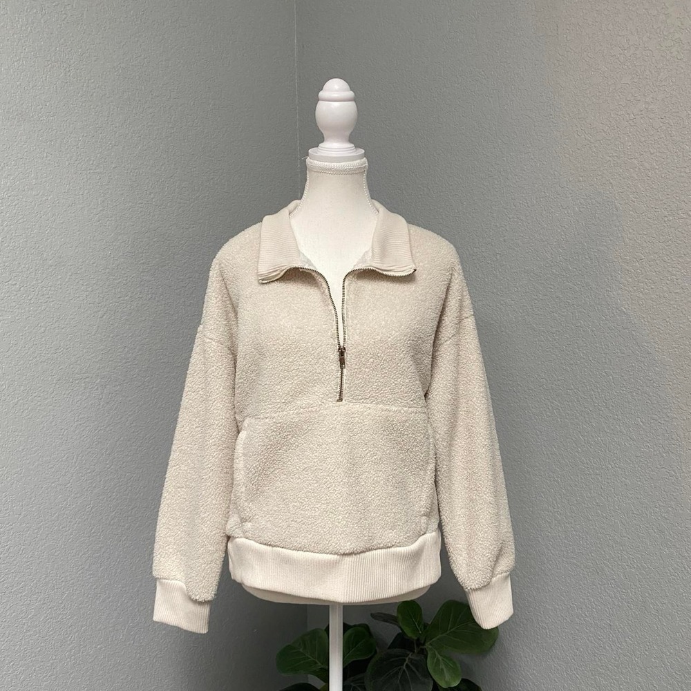 CREAM QUARTER ZIP SHERPA SWEATSHIRT JACKET COZY WINTER FALL GORPCORE CASUAL